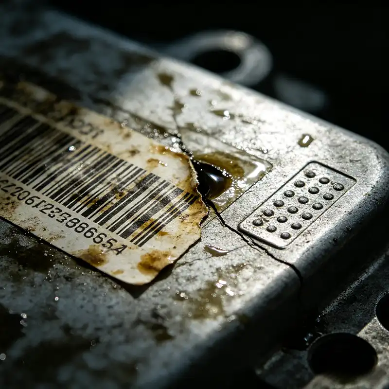A peeling barcode label and smudged ink on an oil-stained automotive engine component leading to a traceability failure