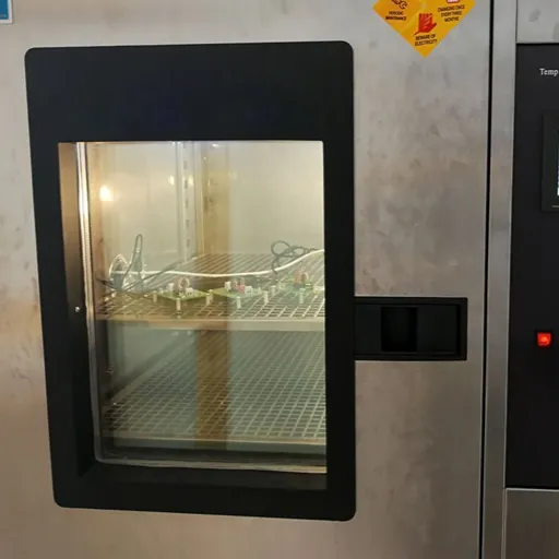 BGA packages loaded into the pneumatic transfer basket of a 2-zone thermal shock chamber