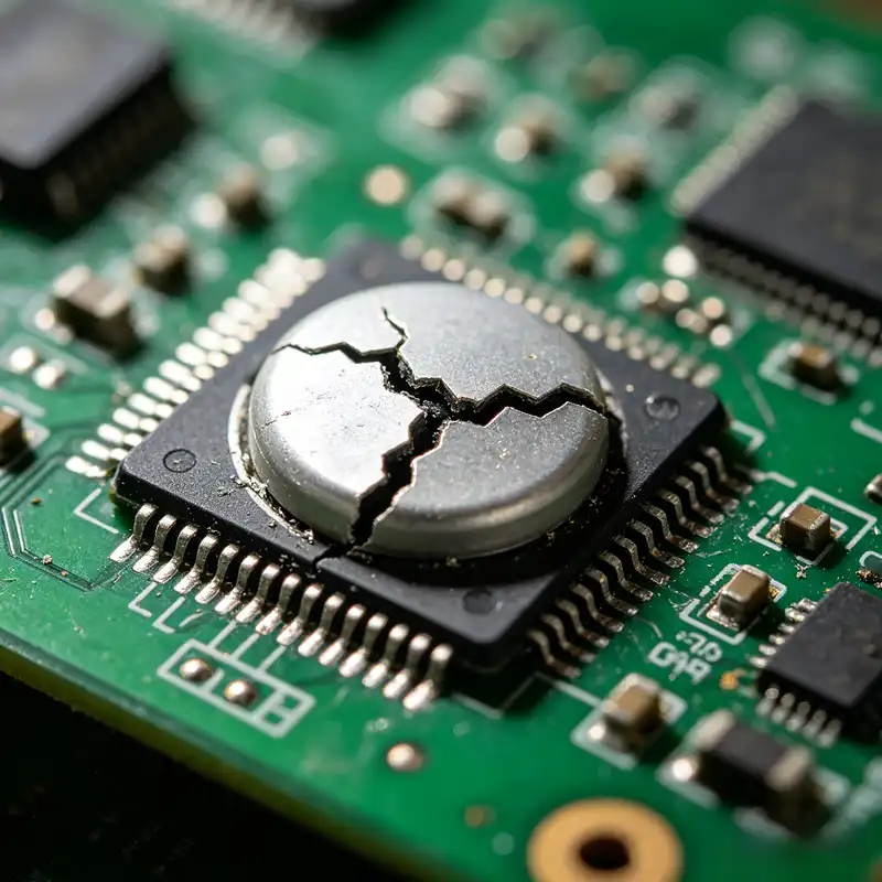 Microscopic view of a fractured BGA solder joint on an automotive ECU caused by extreme thermal fatigue and CTE mismatch