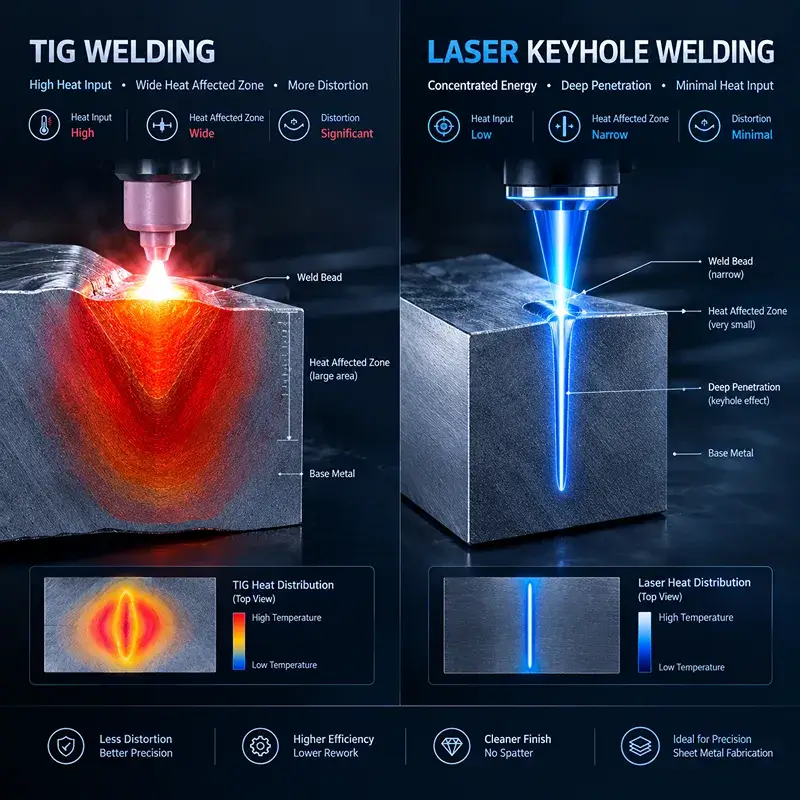 Severe thermal distortion and burn-through on thin sheet metal caused by traditional TIG welding heat affected zones.