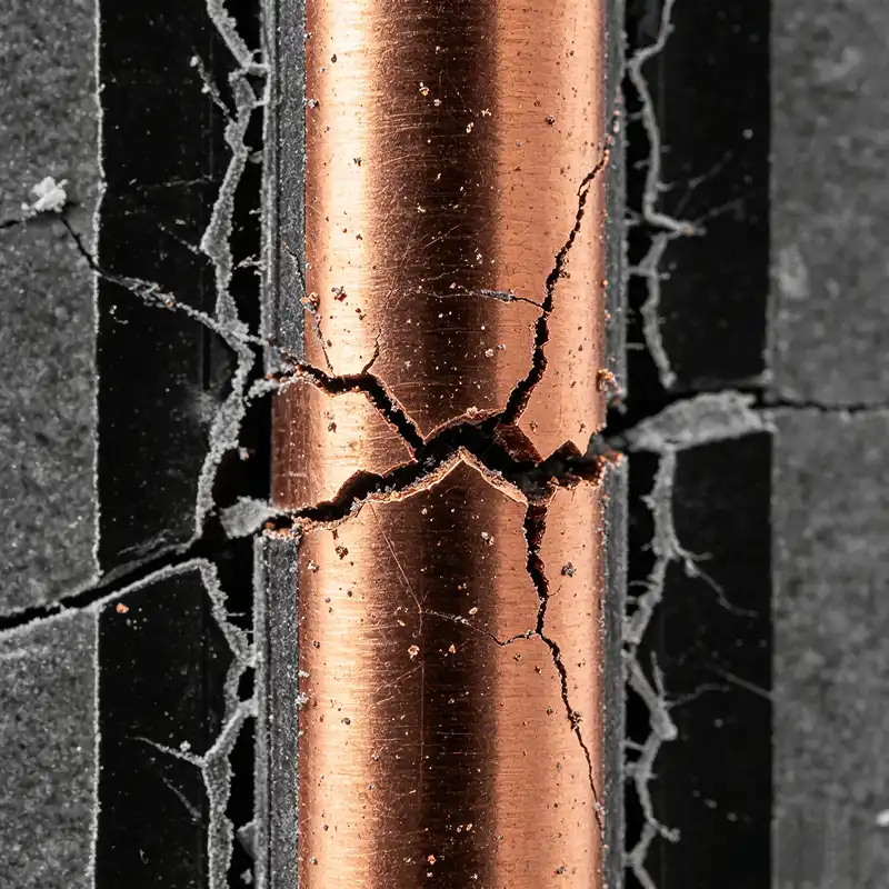Microscopic cross-section of a cracked copper via barrel in a multi-layer PCB caused by Z-axis thermal expansion
