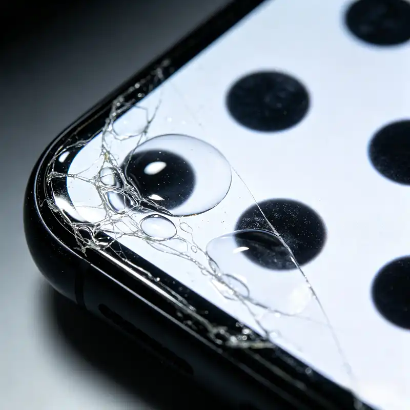 Severe OCA delamination bubbles and microscopic OLED dark spots on a smartphone display panel caused by thermal stress and moisture ingress