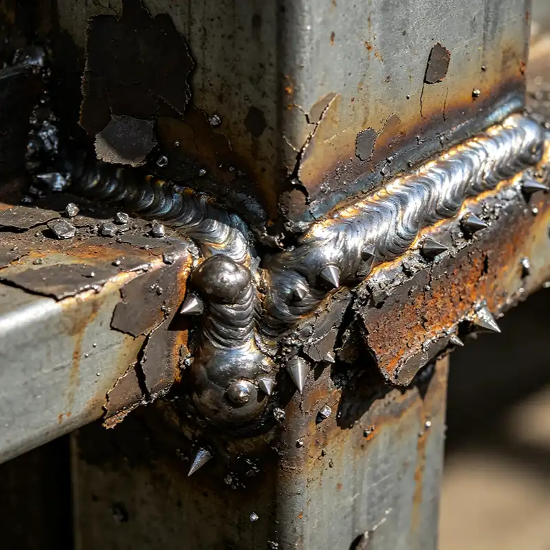 Severe MIG welding spatter and incomplete root penetration on a heavy-duty pallet rack beam joint.